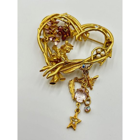 Kirks Folly Wisteria Fairy Vine Heart Pin Brooch Gold Tone Dangles Fairy Jewelry - Picture 3 of 7